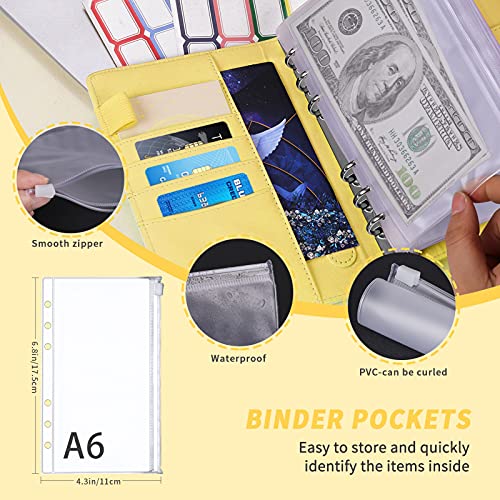 Classeur A6 en PU Cuir, TAOPE Housse de Cahier 6 Anneaux Remplissable avec 12 Pochettes Transparentes à Fermeture Éclair Pour La Budgétisation De L\'argent Enveloppes Économiser Organisateur - Jaune