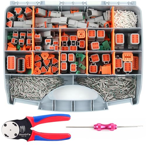 Newdeli 338 pcs Deustch Connector Kit 2 3 4 6 8 12 Pin Connectors with Deutsch Crimping Tool and DT Connector Removal Tool Size 16 Solid Terminal Contacts(14-20AWG)