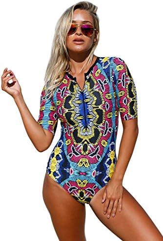 Women Misses Zip Front Short Sleeve Swimwear Rash Guard One Piece Scuba Swimsuit