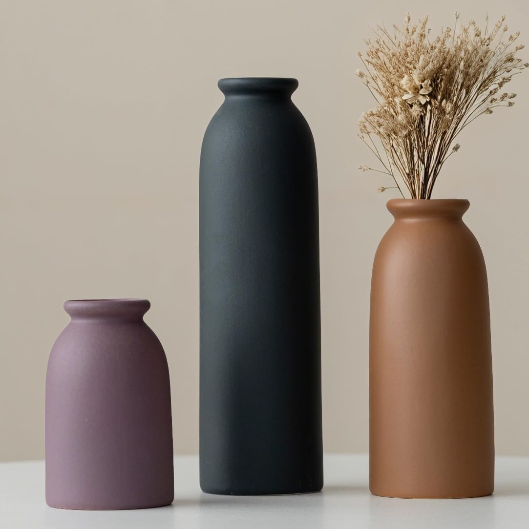 Photo 1 of 10.4 inches Tall Decorative Ceramic Vase Set, 3 Pieces, Nordic Modern Boho Style, White, for Home Decor (Black Mix)