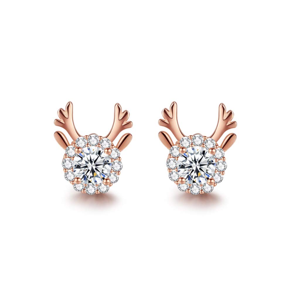 wynn's Silver Christmas Stud Earrings for Women, 925 Sterling Silver Rose Gold Xmas Reindeer Stud Earrings, 10mm Small Sleeper Studs with AAAAA White Cubic Zirconia, Gift for Christmas — image 1