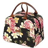 Tigeo Lunch Bags for Women, Lunch Tote Bag Lunch Box Water-resistant Thermal Lunch Bag Cooler Bag Lunch Organizer for Working Picnic Beach Sporting (Black-Flower)