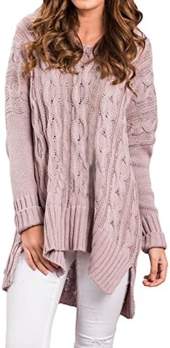 Shawhuwa Womens V Neck Long Sleeve Loose Knit Sweater Pullover Top S Pink