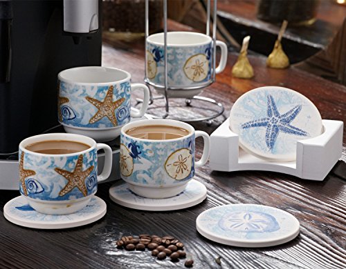 CEDAR HOME Coffee Ceramic Mug Saucers Set Porcelain Stacked Tea Cup With Holder and Plate 6oz., Set of 4, Blue