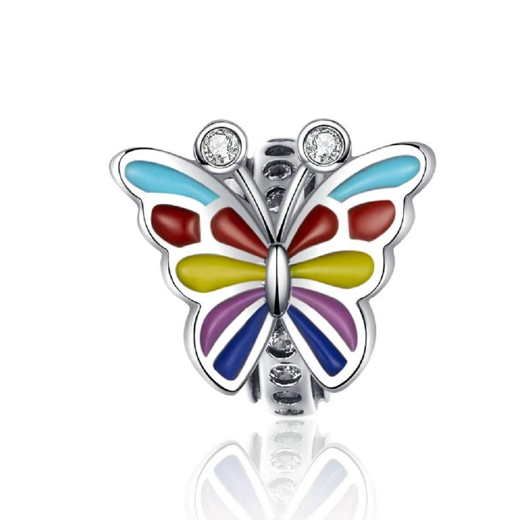 FeatherWish Sterling Silver 925 Butterfly Insect Animal Nature Garden Home Bead Charm With Cubic Zirconia And Rainbow Enamel Fits And Compatible With Pandora Bracelets Gift Friend Daughter Wife Sister