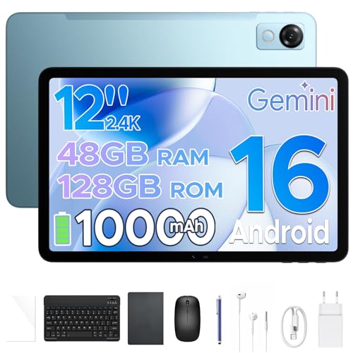 POPUX P12 12 Inch Tablet 2.4K, Android 16 Tablet with Gemini AI, 48GB+128GB/2TB, T7280 Octa-Core, 120Hz Display, 10000mAh, 13MP+8MP, Face ID, Widevine L1, Tablet with Keyboard, Stylus, Blue