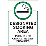 Designated Smoking Area Sign, Please Use Cigarette Bins Sign, 10x14 Rust Free Aluminum, Indoor/Outdoor Use, Weather/Fade Resistant, Easy Mounting, Made in USA by SIGO SIGNS