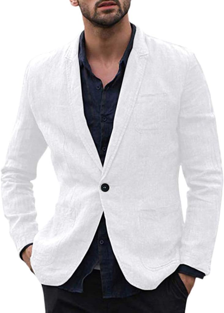 Mens Casual Linen Blazer Jacket Regular Fit One Button Suit Coat Lapel Outfit with Pockets