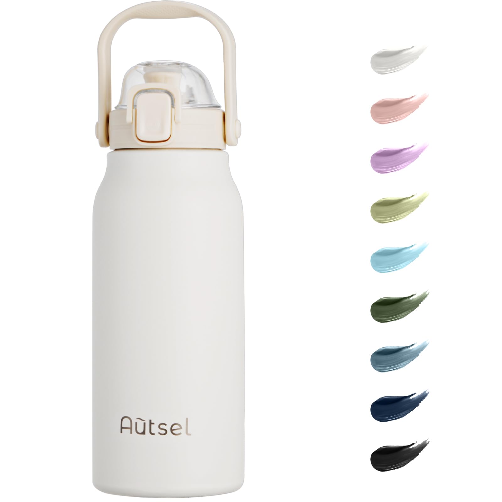 Autsel 1.7L Stainless Steel Water Bottle with Straw - Large Metal Flask with Handle - Double Walled Insulated Sports Bottle - Leakproof for Gym Sports, White — image 1