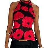 Women Y2k Floral Mock Neck Tank Top Polka Dot Graphic Backless Halter Top Sleeveless Summer Going Out Tops