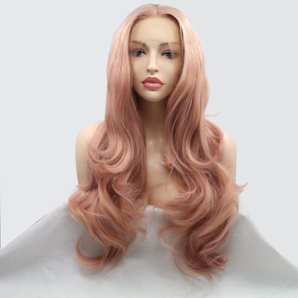 Xiweiya Long Body Wave Rose Gold Synthetic Lace Front Wig Peach Red 13x3 Lace Hair Heat Resistant Fiber Natural Wavy for Women Daily Wear Cosplay Makeup Party 24inch