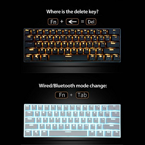 Royal Kludge RK61 61 Keys Wired/Wireless Bluetooth 3.0 Multi-Device LED Backlit Mechanical Gaming/Office Keyboard for iOS, Android, Windows and Mac with Rechargeable Battery, Blue Switch -Black