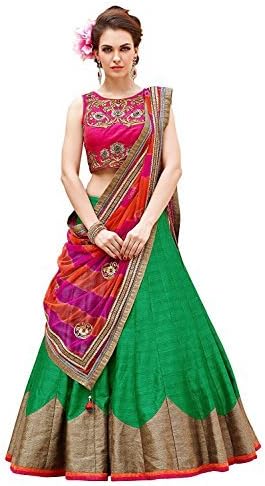 Clickedia Women &amp; Girls Heavy Semi-stitched Bhagalpuri Silk Green &amp; Pink Lehenga Choli with diamond work blouse pc