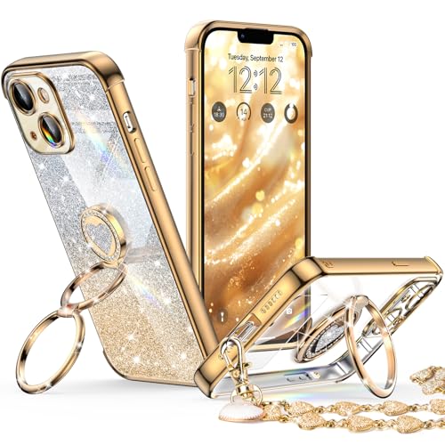 XYZ for iPhone 14 Case with Stand, Phone Case with Double Ring Kickstand, Women Girls Bling Luxury Glitter Clear Phone Case Cover Heart for iPhone 14, Gold