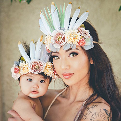Baby and Mother Feather Flower Crown Festivals Headband Headwear Headdress 2pcs