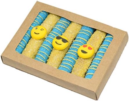 Emoji Story White Chocolate Covered Pretzel Mini Rods Blue and Yellow Emoji Toppings Brown Box ,7 count