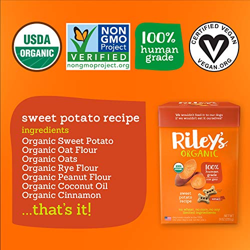 Riley's Organic Dog Treats - Small Bone Sweet Potato Dog Treats - USDA Organic, Certified Vegan and Non GMO Project Verified Dog Biscuits - 100% Human Grade - 9 Oz Carton