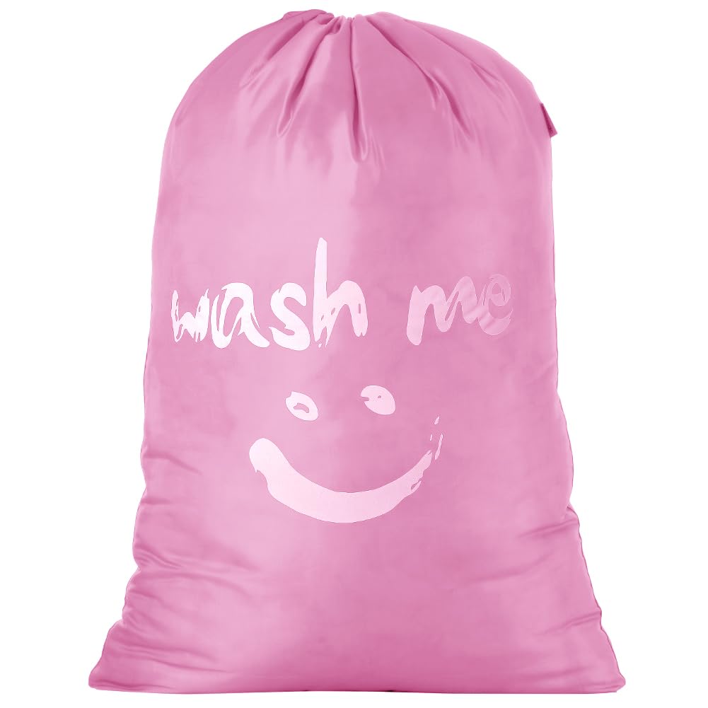 IHOMAGIC 120L Extra Large Laundry Bags for Travelling, 420D Nylon Travel Laundry Bag, Drawstring Laundry Bag with Smiley Pattern, Washing Bags for Dorm, Family, Pink