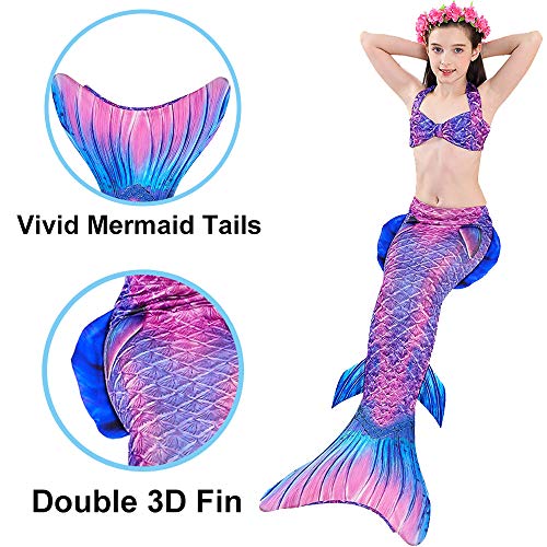 3 PCS Girls Mermaid Tail Swimsuit for Swimming Bikini Princess Can Add Monofin (A-Noble Purple, 10-12/ (Tag 150) / Ht:55-60in)