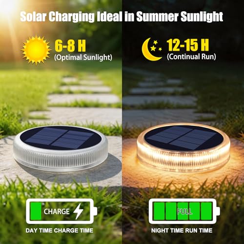 YiLaie Twilight Solar Lights Outdoor Garden 24 LEDs, 11 cm Solar Beacon Circular Floor Adhesive Lighting 360°, IP68 Waterproof for Path, Parking, Stairs, Sidewalk, Warm White (4 Pack)