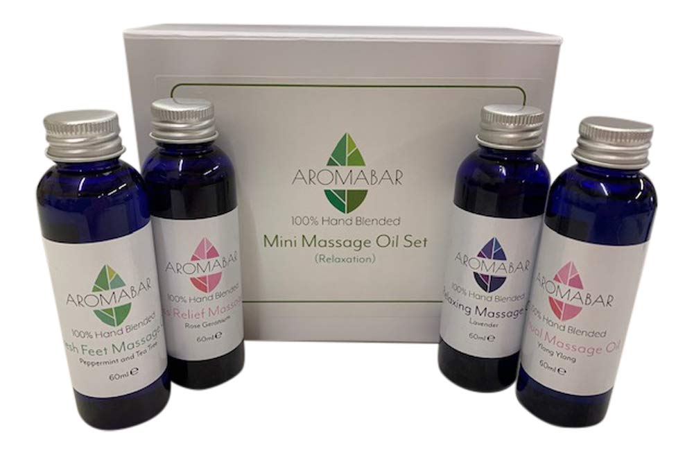Mini Massage Body Oil Gift Set Lavender, Ylang Ylang, Tea Tree & Peppermint and Rose Geranium in Sweet Almond (4 x 60ml) Ideal Birthday Gift Travel