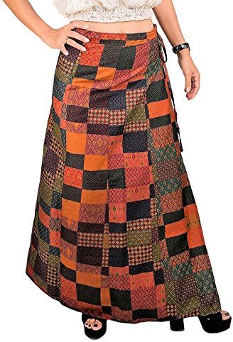 ThaiOnline4u Women's Maxi Wrap Skirts Cotton Boho Hippy Patchwork A-Line Full Length Adjustable