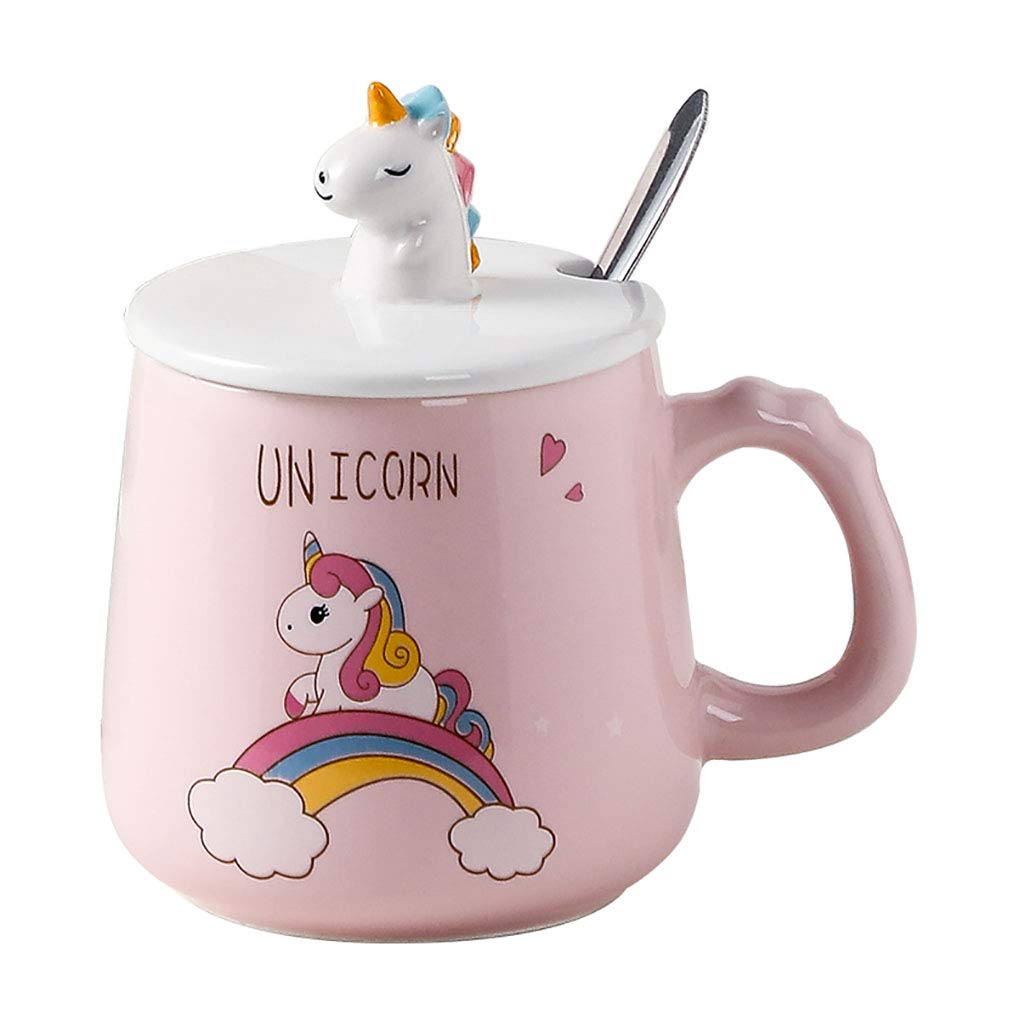 XinHuiGY Cute Unicorn Ceramic Mug, Coffee Cup with Lovely 3D Unicorn Lid, Stainless Steel Spoon, Novelty Cartoon Morning Cup, Tea, Milk, Christmas Mug for Girls, Children, Office