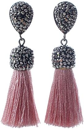 Women's Dangle Drop Short Tassel Earrings with Shell Pearl Black Rhinestone Top (B Tassel with WB)