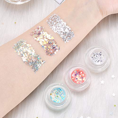 Various Color Body Glitter - Holographic Chunky Glitter with Natural Aloe Gel Makeup Bling Paillette for Face Body Hair and Nails Party Beauty Comestic Decoration Festival Rave Accessories (3 Pack) - Thumbnail 4
