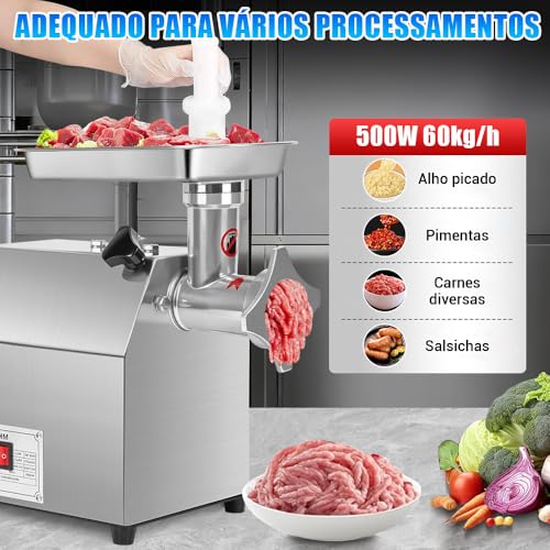 Moedor de Carne Elétrico 110V 500W Aço Inoxidável - Moer Carne, Vegetais e Fazer Linguiças