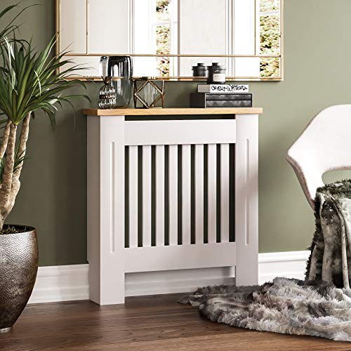 Vida Designs Arlington Radiator Cover White - Small - Modern Shaker Style Vertical Slat Design For Optimal Heat Circulation - H83.3xW78xD19cm - Painted MDF Cabinet with Wood Top Shelf