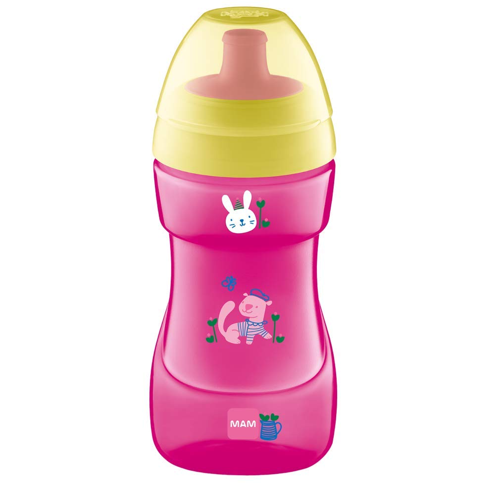 MAM Sports Cup | 330ml | Non-Spill Sippy Cup with Free Flow Spout | Suitable for 12+ Months | Baby Accessories | Pink (Various Designs)