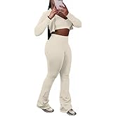 Mintsnow Women 3 Piece Sweatsuit Outfits Sets Long Sleeve Zipper Jacket Crop Tops and Long Flare Pants Set Workout Tracksuit