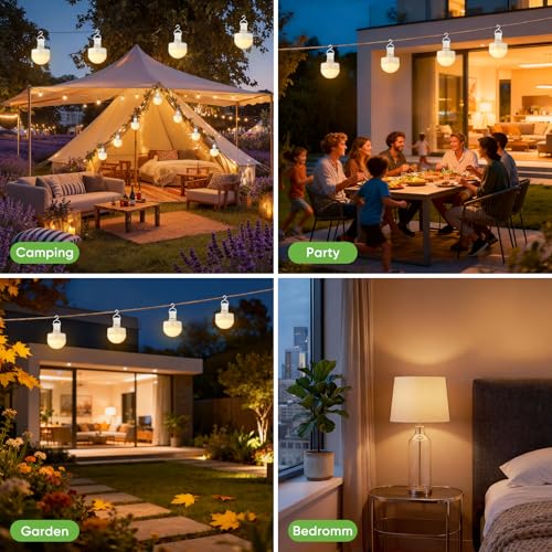 Kimjo E27 Rechargeable Bulb with Remote Control Set of 4-10W Rechargeable Bulb with USB Battery 3 Colours Dimmable – Magnetic Removable Bulbs with Battery Lamp for Camping