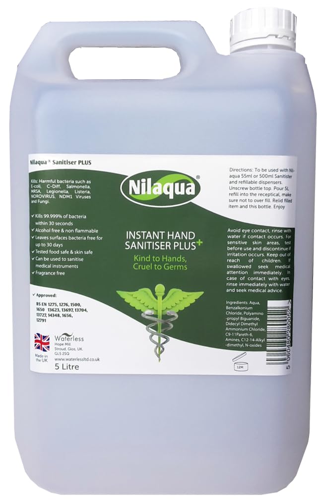 Nilaqua Alcohol Free Hand Sanitiser 5 Litre Eco Top Up| Soft and kind to hands | Antibacterial and Antiviral | Eco friendly refills | Top Up foaming sanitisers 500ml / 200ml / 55ml Nilaqua Sanitiser