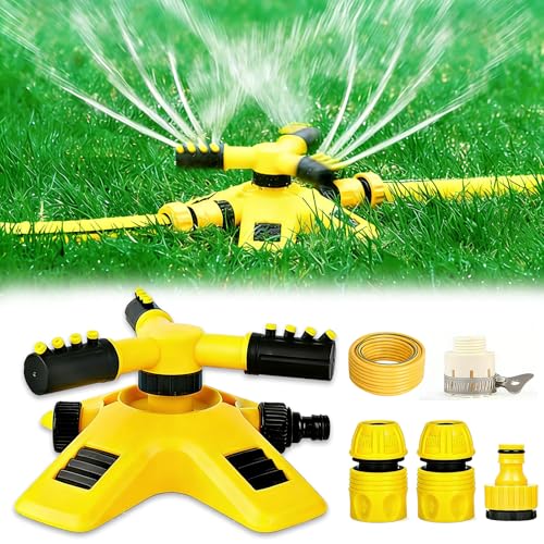 Lawn Sprinkler 360 Degree Sprinkler, Garden Irrigation System with a 10 Metre Long Leather Tube, Automatic Lawn Sprinkler Water 3-Arm Rotating Sprinkler with Quick Connector for Garden Lawn