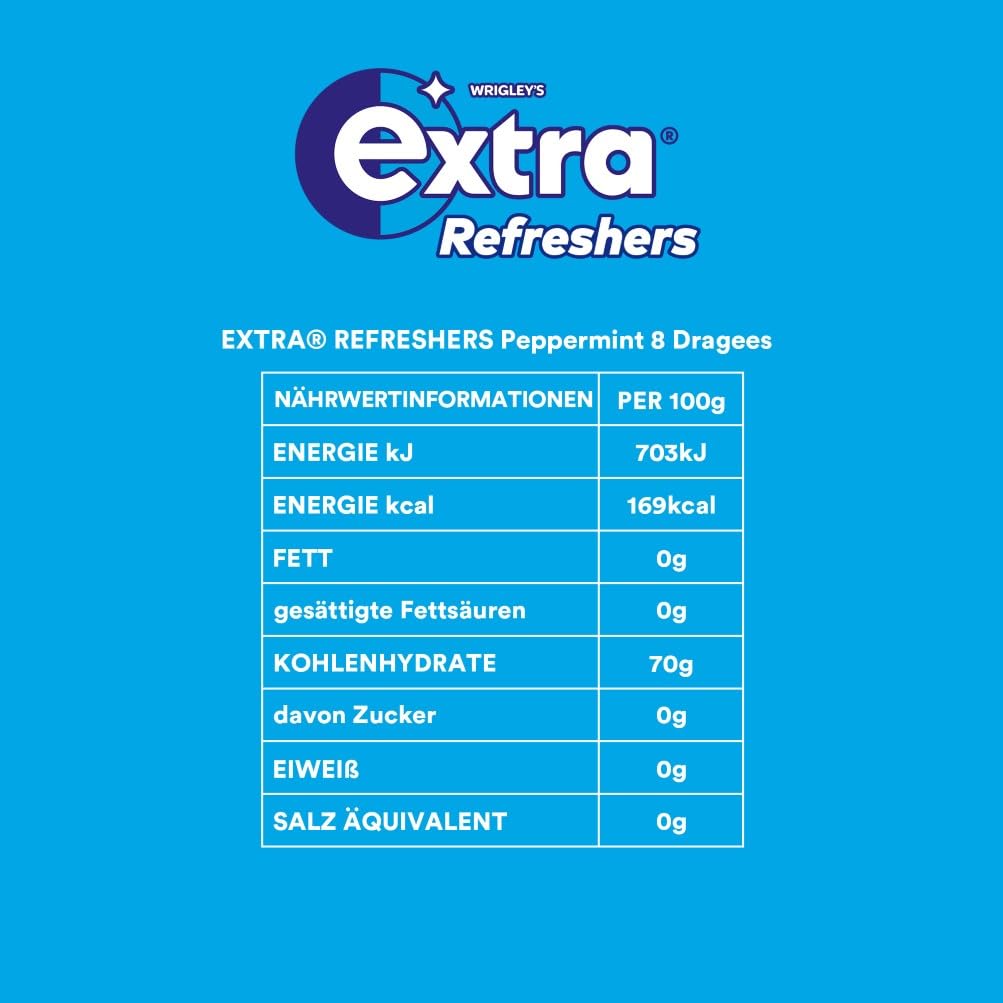 Extra Refreshers Kaugummi zuckerfrei, Peppermint Gum, 12 x 8 Dragees, Großpackung Chewing Gum, Xylitol Kaugummi ohne Zucker mit Minz Frische (96 Dragees) 9
