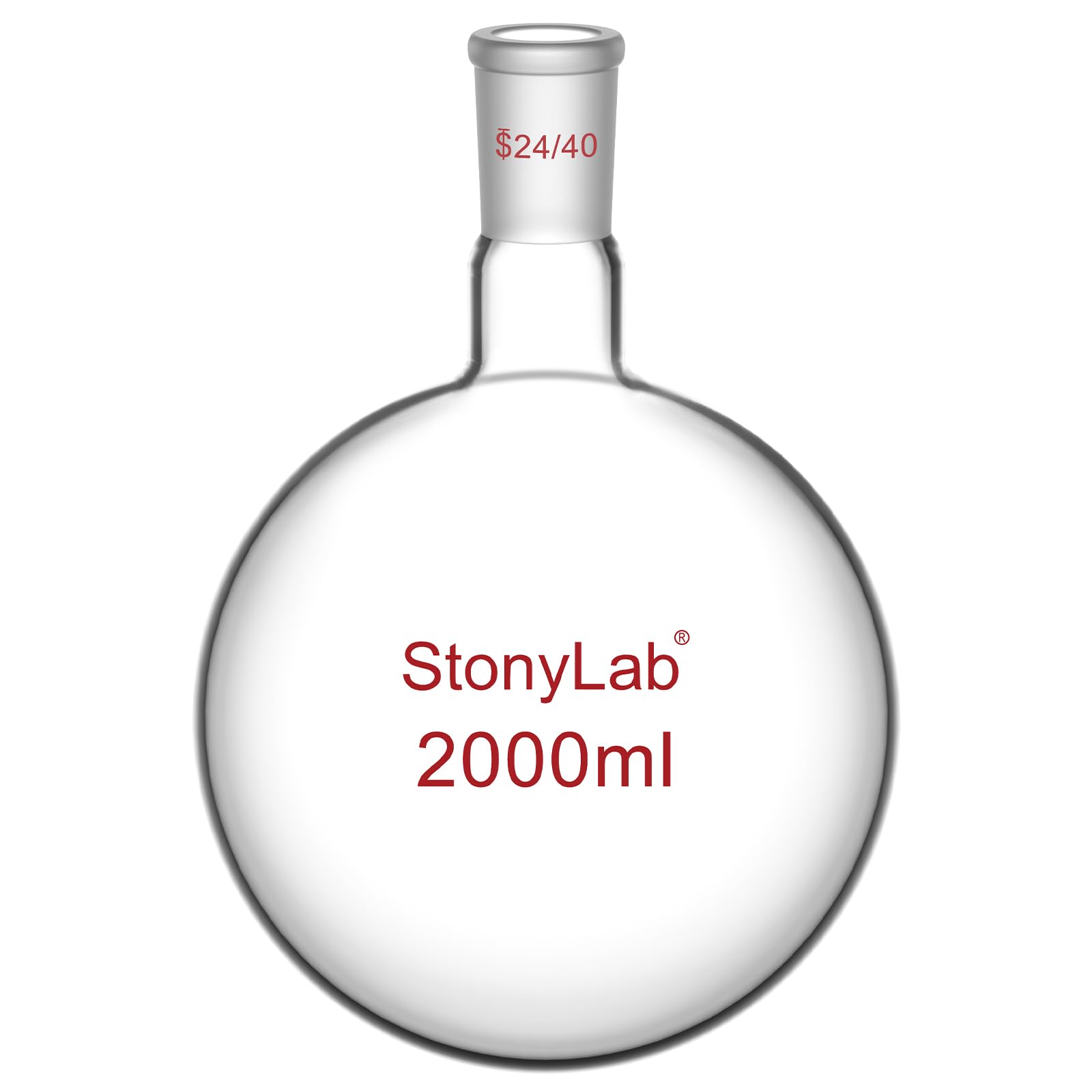 StonyLab 2000 ml Glass Single Neck Round Bottom Flask RBF, with 24/40 Standard Taper Outer Joint, 2 L (2 Liter)