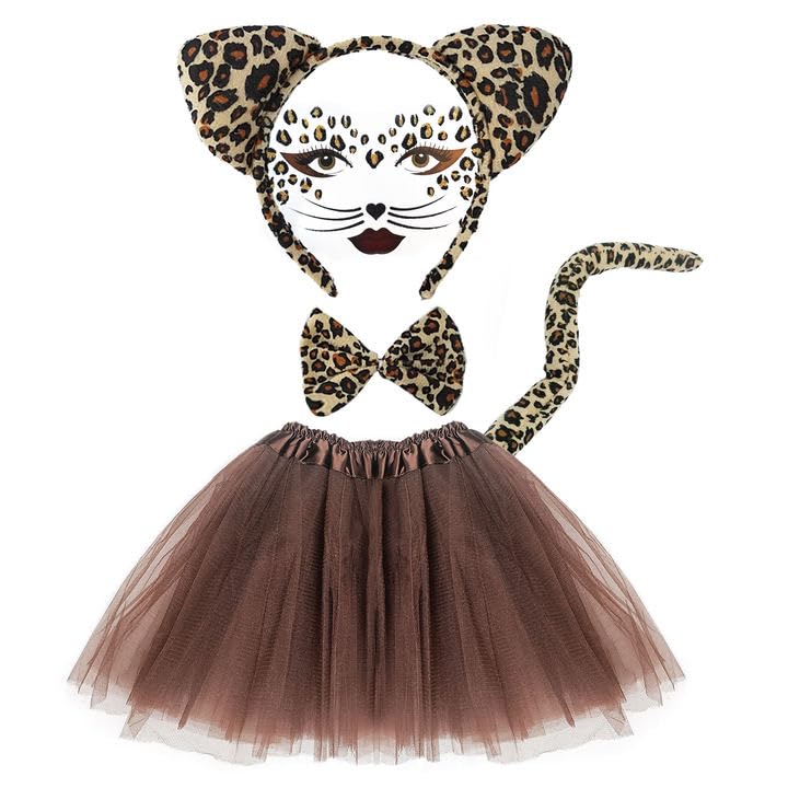 EUPSIIU 5 Pieces Leopard Costume Set Include Face Sticker Leopard Ears Bow Tie Tail Brown Tutu Skirt Animal Costume Set for Kids Carnival Cosplay Halloween Christmas Party Accessories (Brown)