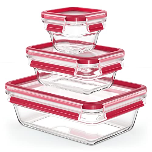 Emsa N10508 Clip & Close 3-piece glass food storage container set | 0.18/0.45/1.3 L | stackable | freezer-safe | oven-safe | microwave-safe | 100% tight | dishwasher-safe | transparent/red