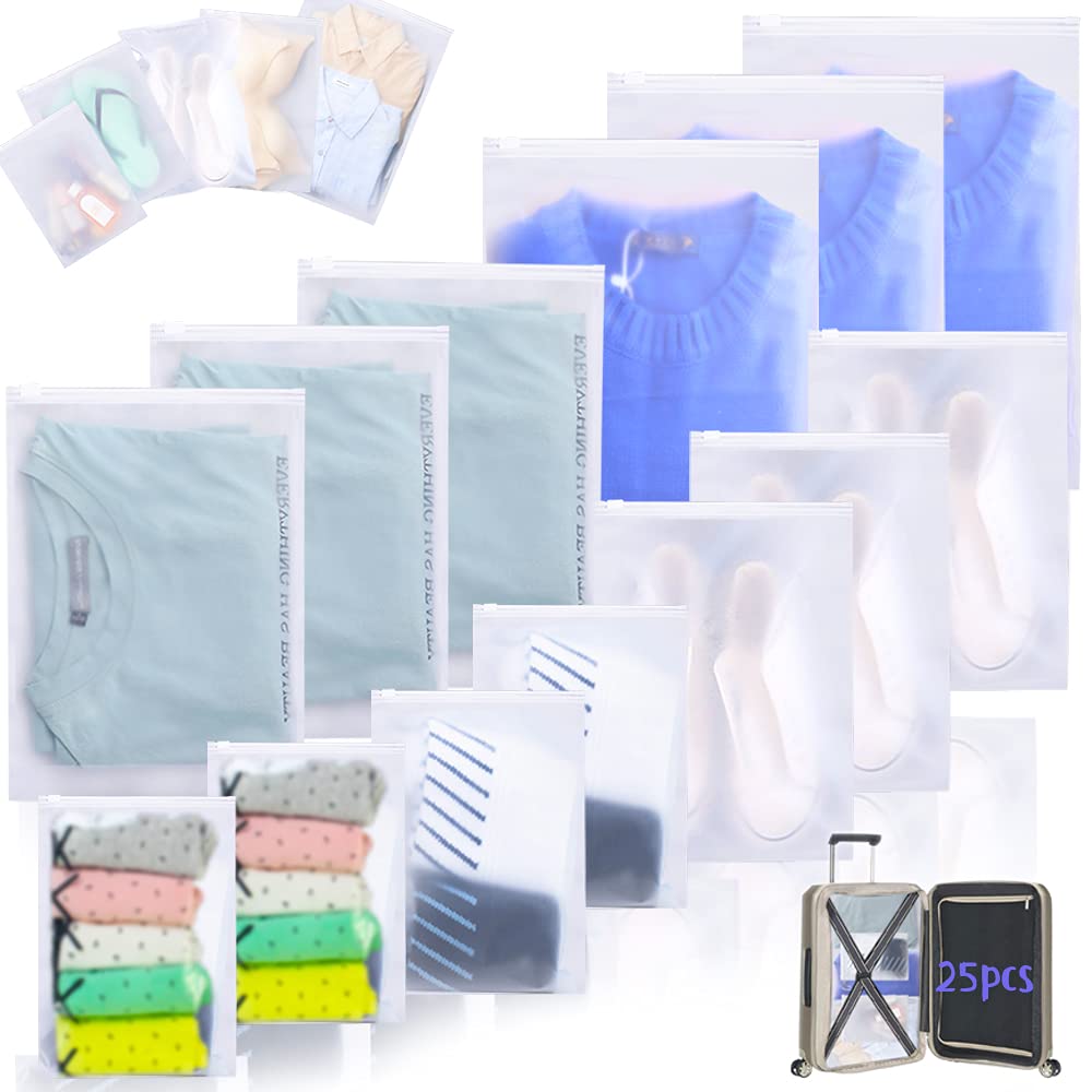 25 Pcs Travel Storage Bags, Zip-Lock Travel Organisers Packing Cubes, Luggage Space Saver for Clothes, Shoes, Cosmetics (5 Size Mixing)