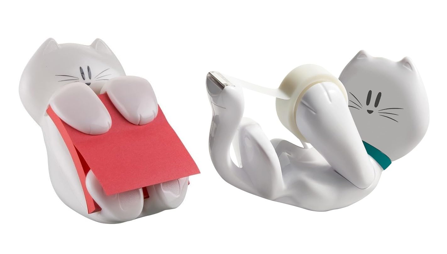 Post-it Z-Notes Dispenser Cat and 3M Scotch Tape Dispenser in Cat Design - Practical One-Handed Note Dispensing with 1 Block (pink) and Tape (white, 19mm x 8.89m)