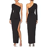 Aigeman Womens One Shoulder Long Sleeve Maxi Dress Bodycon Ruched Split Thigh Formal Dress 218
