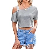 JDEEO Women's One Shoulder Crop Top Short Sleeve Summer Casual Tee Off Shoulder Asymmetrical Tops