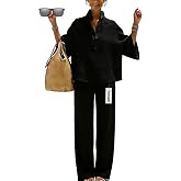 Yeesam Women's Batwing Sleeve Linen Cotton Two-Piece Set &ndash; Casual Shirt &amp; Wide Leg Pants Outfit Comfortable Breathable Fabric