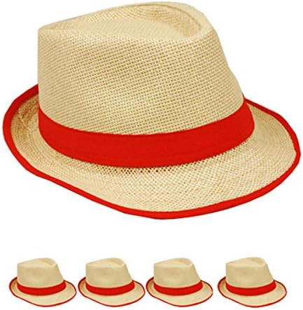 Straw Fedora Hat Trilby Style Banded and Rim Line Gangster Panama Classic Hat (Red)