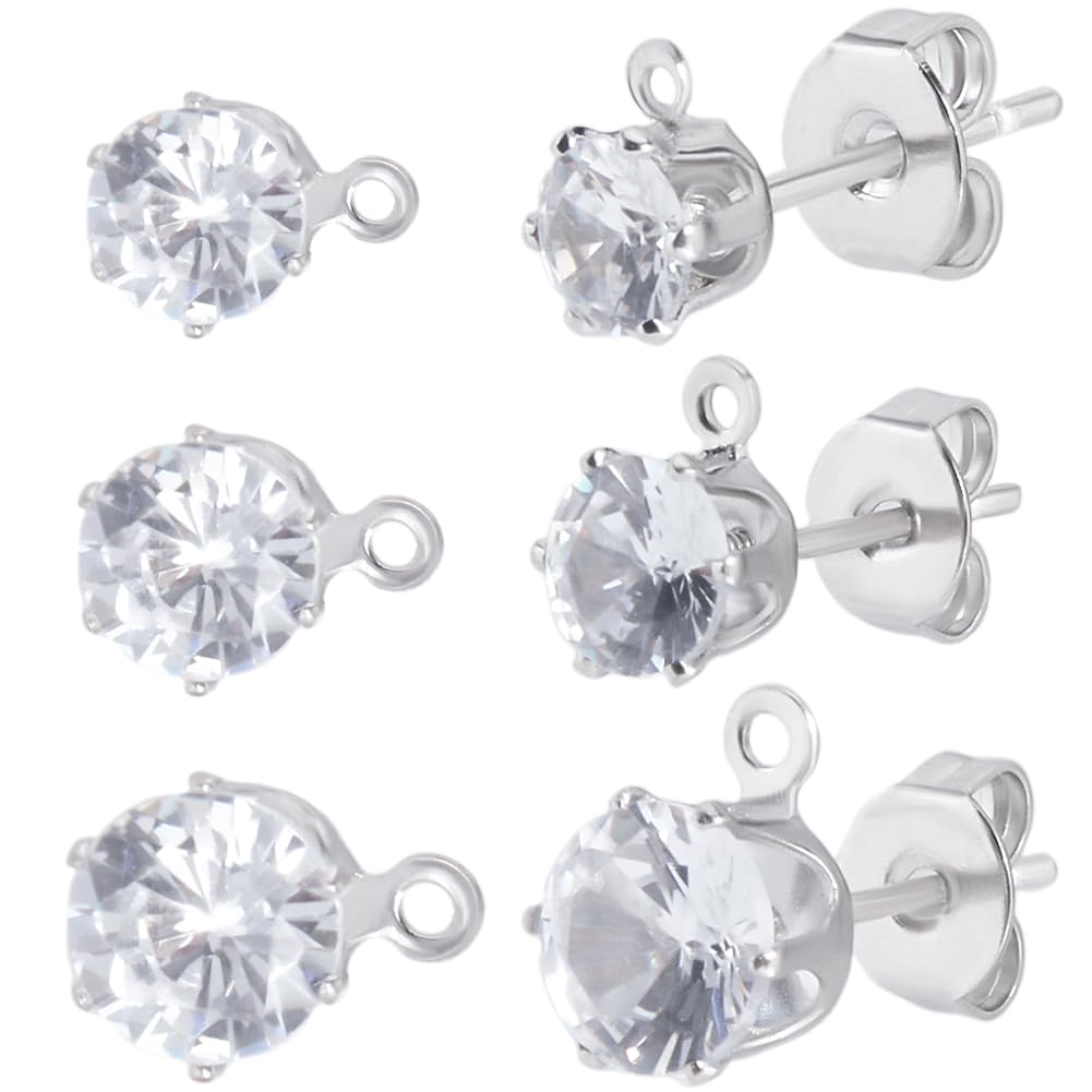 Beebeecraft 1 Box 30Pcs Cubic Zirconia Earring Posts with Loop Platinum Plated Brass Earring Studs Findings with 925 Sterling Silver Pins for DIY Jewelry Making (5/7.5/9mm)