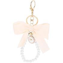 Porte-clés Nœud Papillon Beige Avec Perle - Charme Sac à Main, Clés Voiture - Vintage Mignon 5,5x4,7 Cm - Accessoire Cadeau