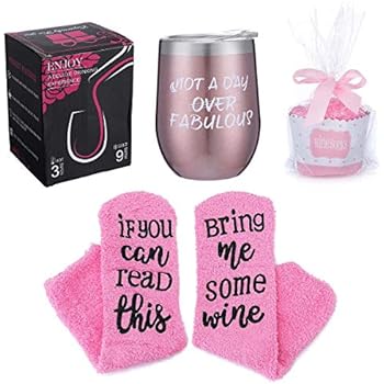 Insulated Wine Tumbler|Not a Day Over Fabulous Stainless Steel Wine Glass with Lid|If You Can Read This,Bring Me Some Wine Socks Birthday Gift Set for Women,Wine Lovers(Rose Gold)