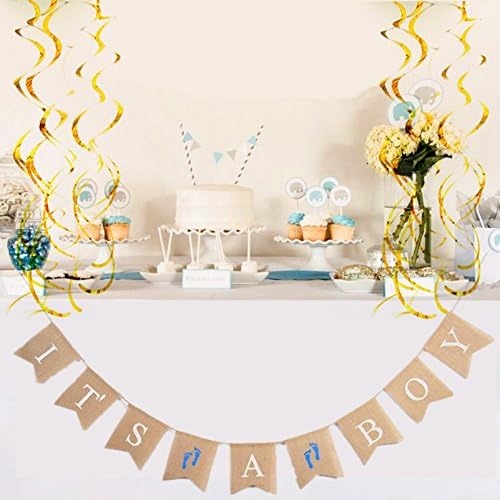 It’s a Boy Burlap Banner + 6pcs Hanging Swirl Decoration, Magnolora Vintage Style Bunting Banner Rustic Christening Baby Shower Birthday Party Decoration Photo Props - 9pcs Swallowtail Shaped Banners